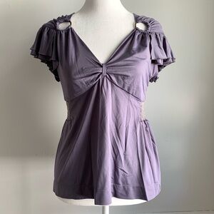Just Cavalli purple stretch ruffle sleeves ruched waist top size medium NWOT